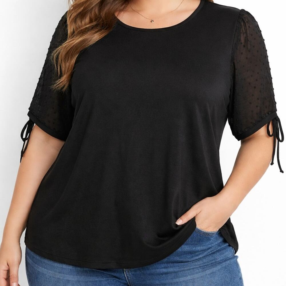 Adrianna Papell XL Black Textured Sheer Sleeve Top